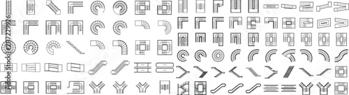 stair and ramp CAD blocks vector set. Architectural staircase symbols, floor plan details, accessibility ramps, circulation layouts, AutoCAD drawings, and construction drafting