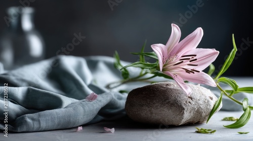 A pink lily with green leaves and stems sits on a gray rock, accompanied by a gray cloth and a blurred vase.