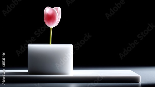 A single pink tulip in full bloom sits atop a white cube, set against a black background.