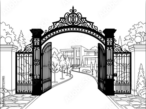 Ornate Wrought Iron Gate Opening to a Modern Luxury Mansion Estate Illustration