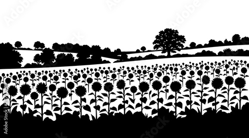Sunflower field landscape silhouette black and white illustration