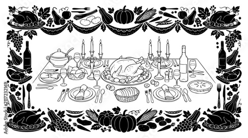 Thanksgiving Dinner Table Setting with Roasted Turkey Illustration