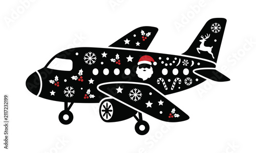 Airplane silhouette with Christmas holiday patterns.