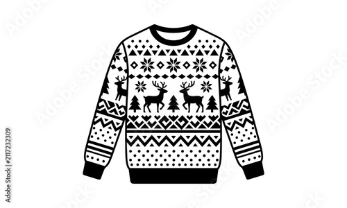 Christmas sweater pattern with reindeer and trees.