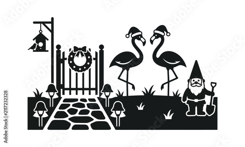 Christmas garden scene with flamingos and gnome.