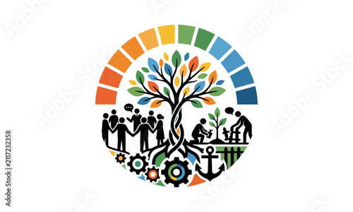 Circular sustainability icon featuring tree, people, and industry symbols.