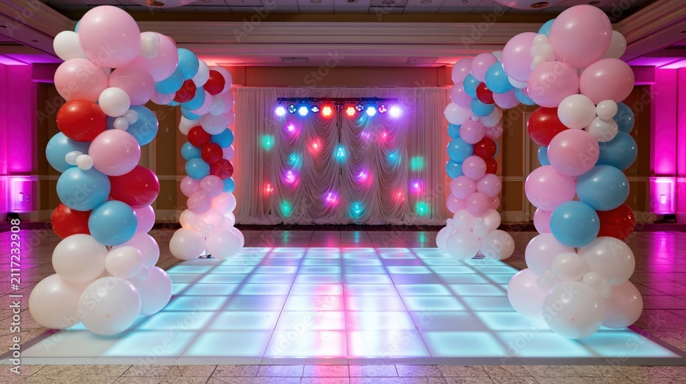 Obraz premium The Balloon Arch Setup Framing a Colorful Dancefloor Under Neon Lights