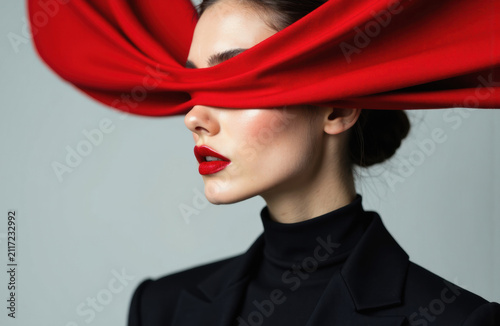 Minimalist studio portrait of a woman with a red blindfold fabric