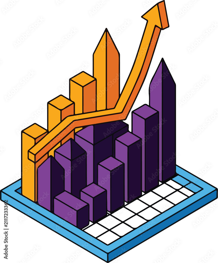 Fototapeta premium Isometric bar chart with rising trend arrow indicating business growth and financial success.
