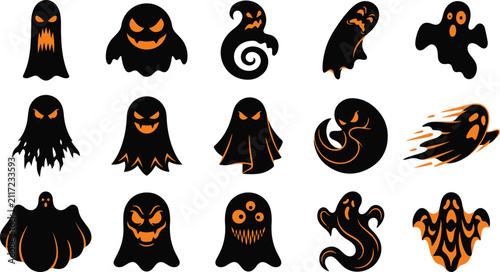 Set of cute halloween gost characters with spooky expressions for holiday party decorations and graphic design projects