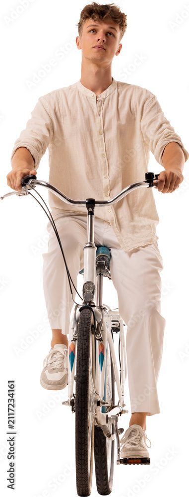 Fototapeta premium Young male cyclist riding city bicycle toward camera isolated on transparent background. Concept of eco transport, daily commuting, independent lifestyle.