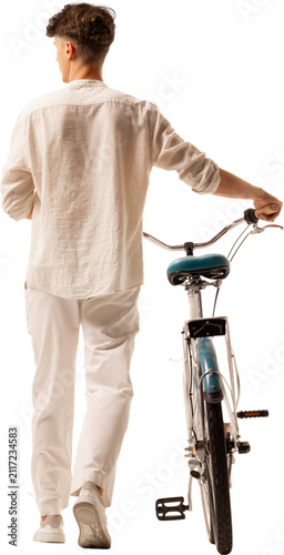 Rear view of young man walking bicycle isolated on transparent background. Concept of mindful travel, green mobility, leisure cycling.