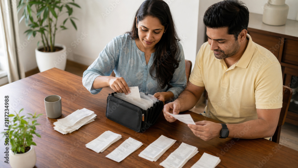Obraz premium Couple organizing receipt and budget feeling focused at home