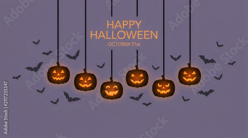 Halloween pumpkin decoration with flying bats. 