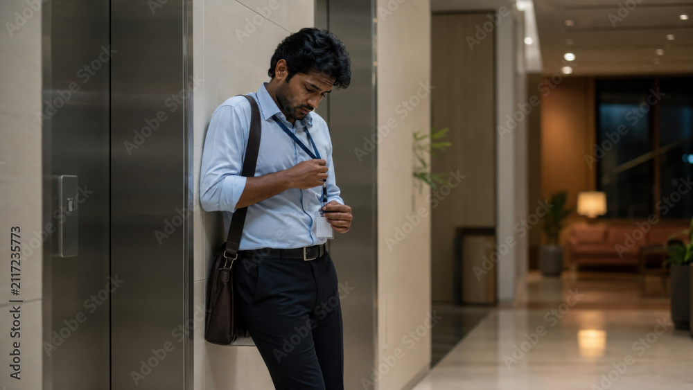 Fototapeta premium Stressed businessman looking tired near elevator