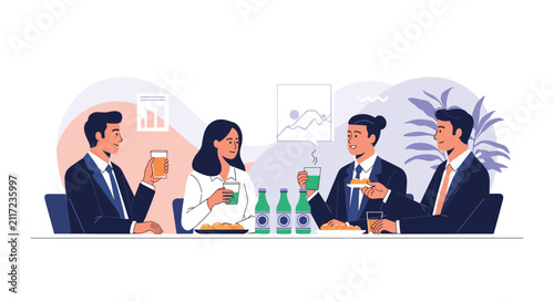 Group of corporate colleagues enjoying drinks and snacks together at a social gathering after work to celebrate team success.