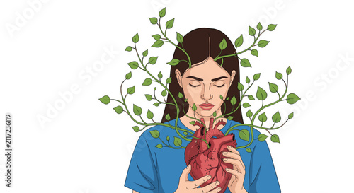 Young woman holding a large anatomical human heart close to her chest with green leafy branches growing out of it.