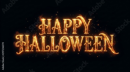 Glowing golden text of happy halloween isolated on a dark black background for festive holiday design