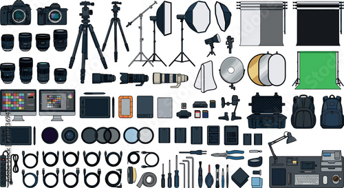 Fotografie Professional photo studio gear vector icon set with DSLR cameras telephoto lense