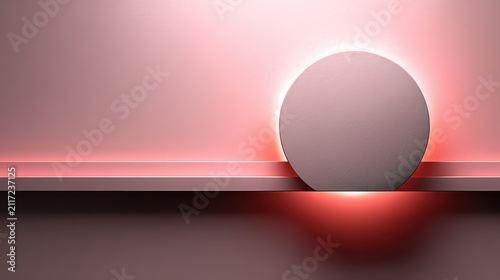 A minimalist design of a pink wall with a white circle and a red line.