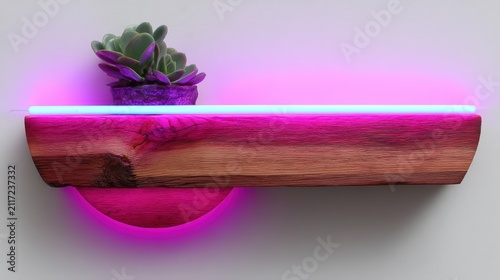 A pink and purple LED strip illuminates a wooden shelf with a succulent plant.