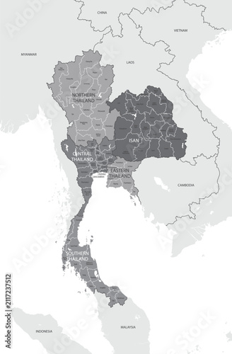 Detailed monochrome map of Thailand with administrative division into provinces with borders of Asian countries, vector illustration