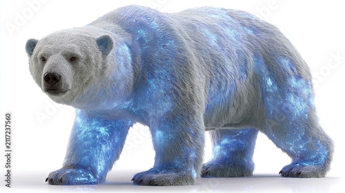 Mystical Polar Bear: A majestic polar bear, its fur shimmering with ethereal blue light, stands as a symbol of arctic power and resilience, evoking wonder and mystery.