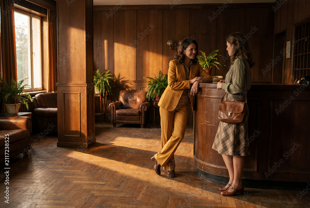 Fototapeta premium Two stylish women having conversation at classic wooden hotel reception counter in warm golden sunlight, guest checking in with receptionist in elegant vintage interior.
