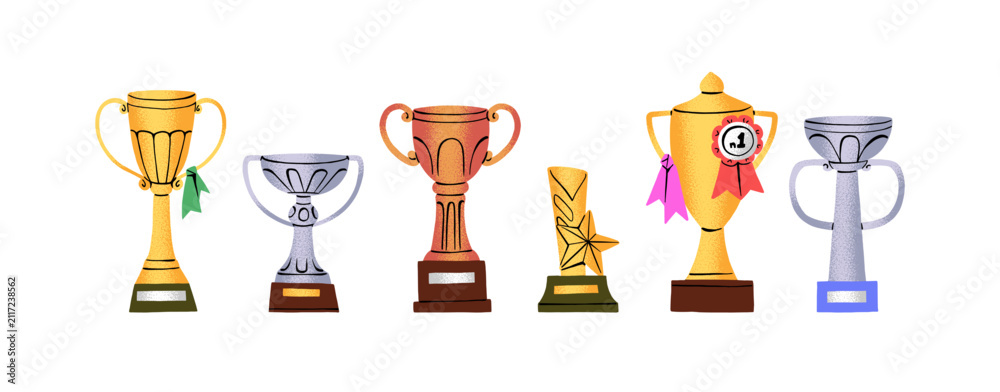 Fototapeta premium Row of gold cups for winners. Set of trophies for winning. Victory reward with goblets. Prizes for champions triumph. Awarding for the first place. Flat isolated vector illustrations in white
