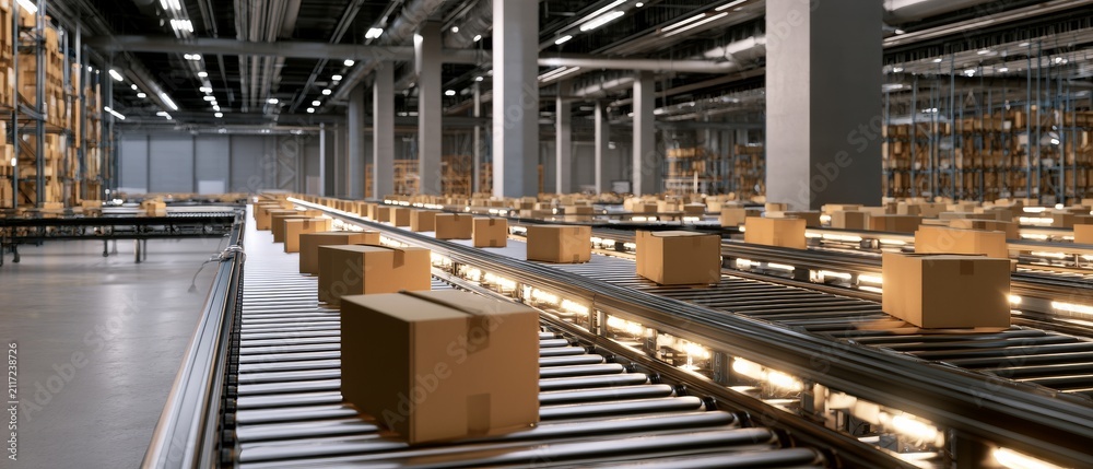 Fototapeta premium Busy warehouse with many packages moving on conveyor belts during daytime
