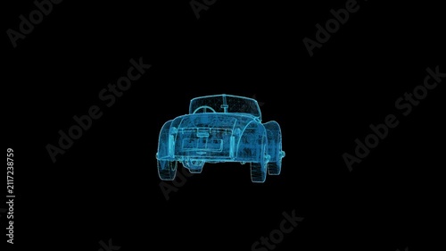 Futuristic 360° rotating HUD wireframe vehicle animation with glowing X-ray blueprint style. High-tech digital interface, seamless loop, perfect for AI, automotive, engineering, defense, and sci-fi pr