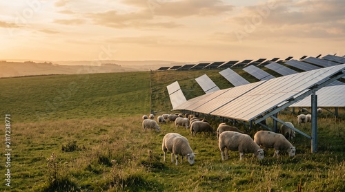 Sheep graze through a hillside agrivoltaic solar pasture at dusk