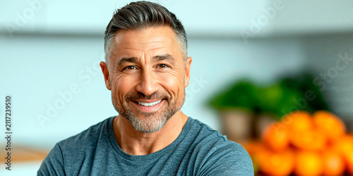 Mature man with short gray hair and beard smiling at camera in a close-up portrait indoors with a confident friendly expression