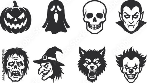 Halloween horror character silhouette set – spooky monster vector illustration of pumpkin, ghost, skull, vampire, witch, werewolf, zombie, clown