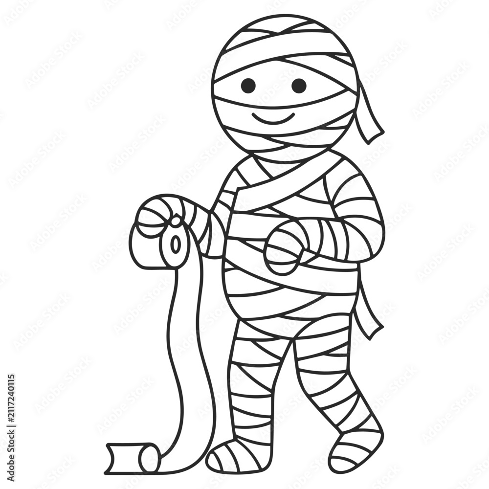 Obraz premium cartoon mummy character wrapped in bandages holding a roll of toilet paper on transparent background