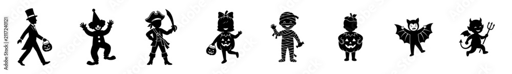 Fototapeta premium silhouettes of children in halloween costumes vector illustration on transparent background