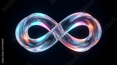Abstract 3d infinity symbol with holographic glass texture on black background