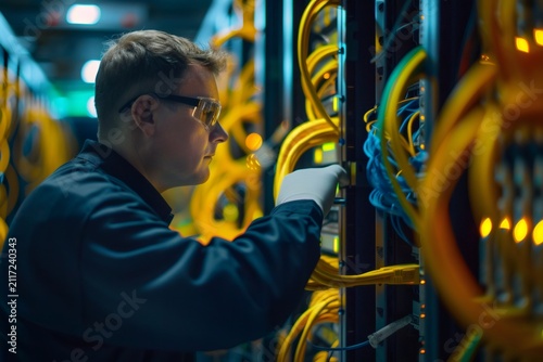 It technician connecting network cables in data center server rack