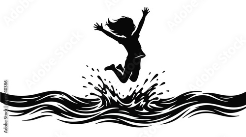 Girl Jumping Over Ocean Water Waves Rising Sea Climate Silhouette Vector
