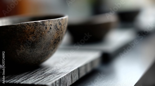 A close-up of a dark brown bowl with a speckled texture, resting on a wooden surface.