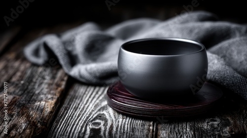 A black ceramic bowl sits on a dark brown coaster, with a gray blanket draped over the left side of the frame.