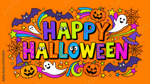 Halloween party celebration with colorful festive banner. 