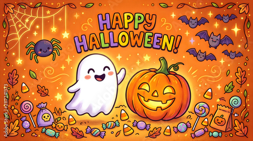 Happy Halloween celebration with friendly ghost and jack-o'-lantern. 