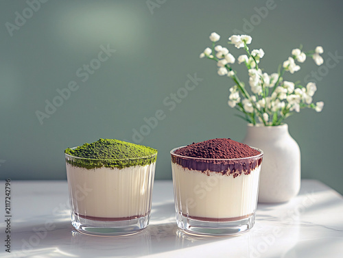 Delicious matcha and cocoa mousse desserts in glasses with flowers on table