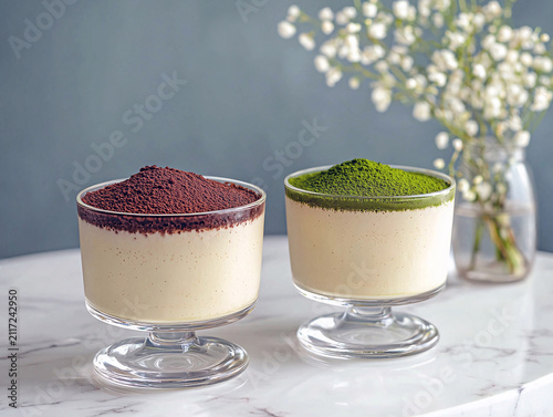 Two glasses of tiramisu with matcha and chocolate powder on marble table