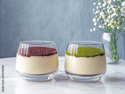 Delicious matcha and chocolate desserts in glass cups on marble table