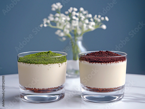 Two glasses of tiramisu with chocolate and matcha powder on marble table