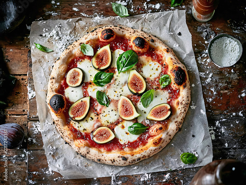 Delicious fig pizza with mozzarella and basil on a rustic wooden table