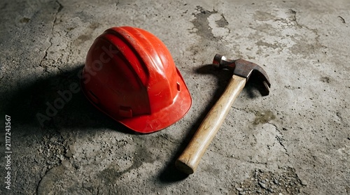 A red hard hat and a metal hammer resting on a concrete floor representing the spirit of labor day canada for construction and industrial workers