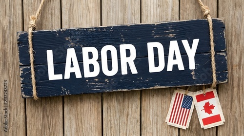 A rustic wooden sign with the text labor day canada displayed on a textured background with small hanging flags representing the two neighboring north american nations